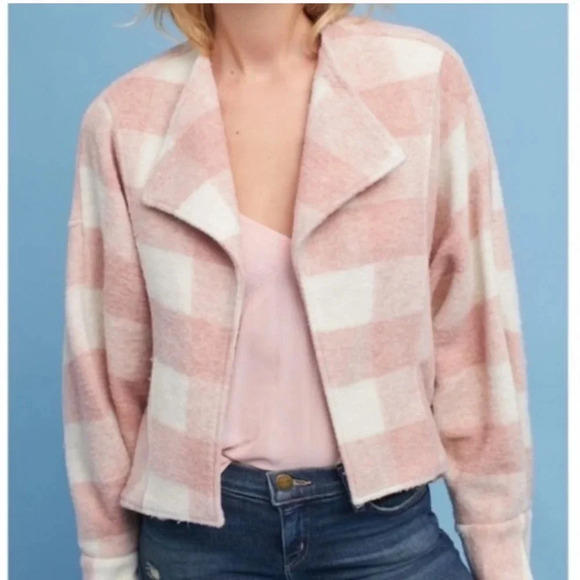 Anthropologie Ett:Twa Pink Buffalo Check Thick Open Shacket Coatigan Size Small - Picture 6 of 9